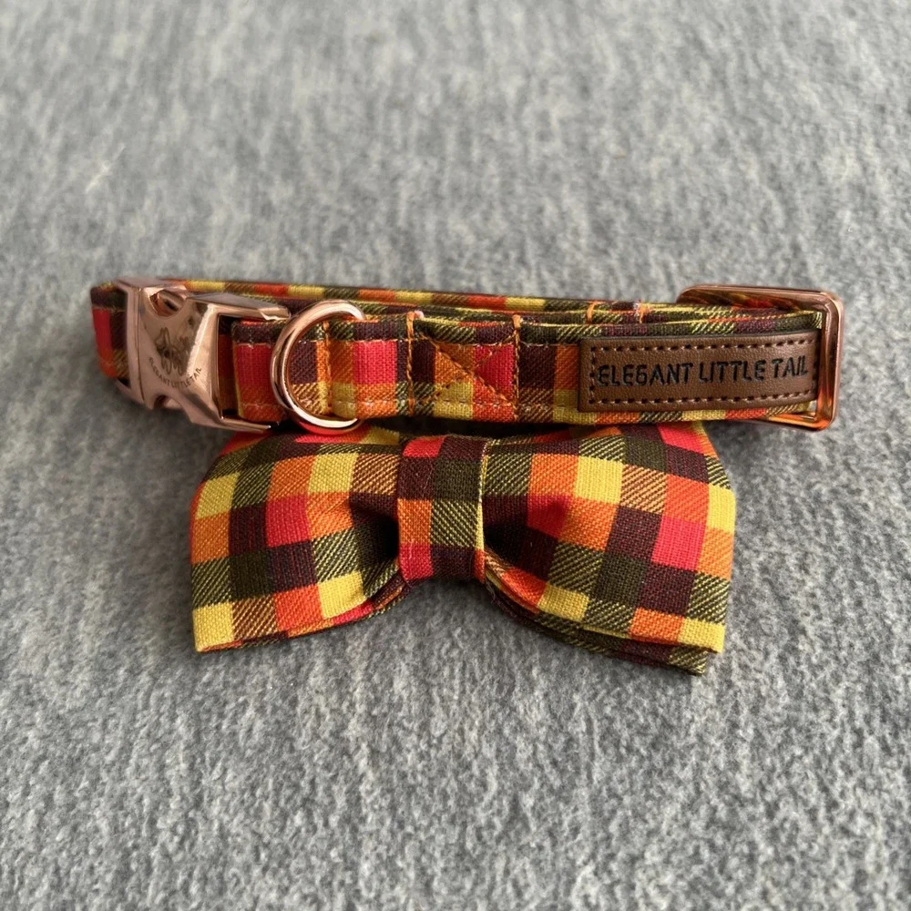 Elegant Little Tail XS Dog Collar & Bow Yellow Plaid Grid Unisex Adjustable New - Picture 2 of 11